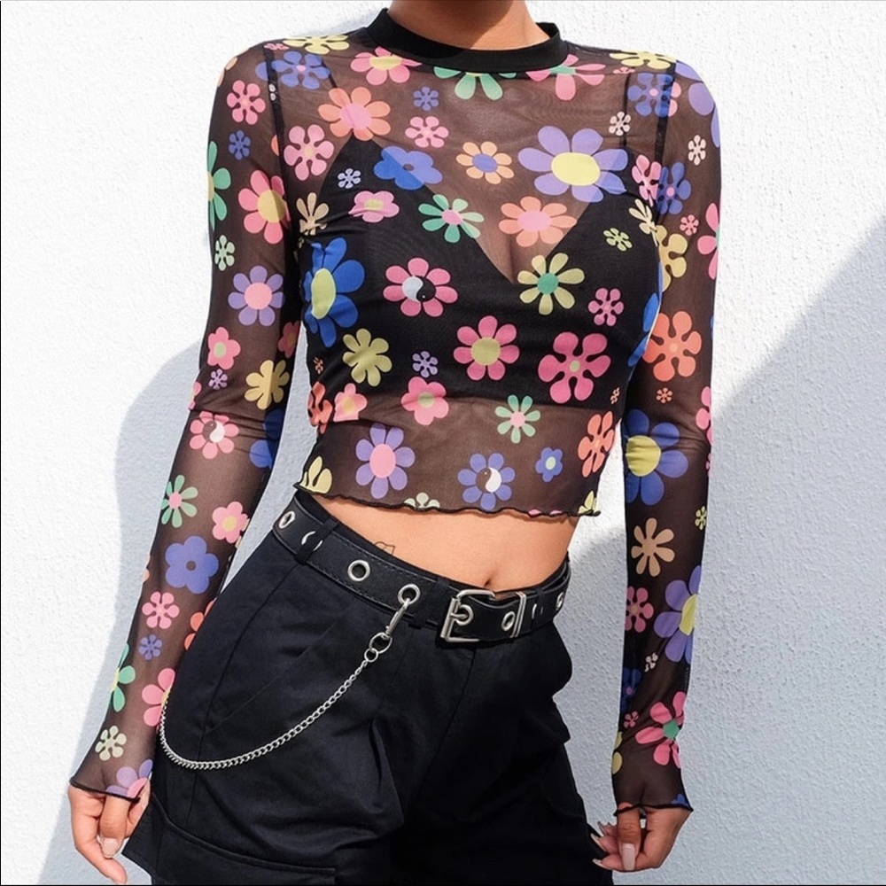 Mesh Transparent Daisy Flower Sheer Crop Top